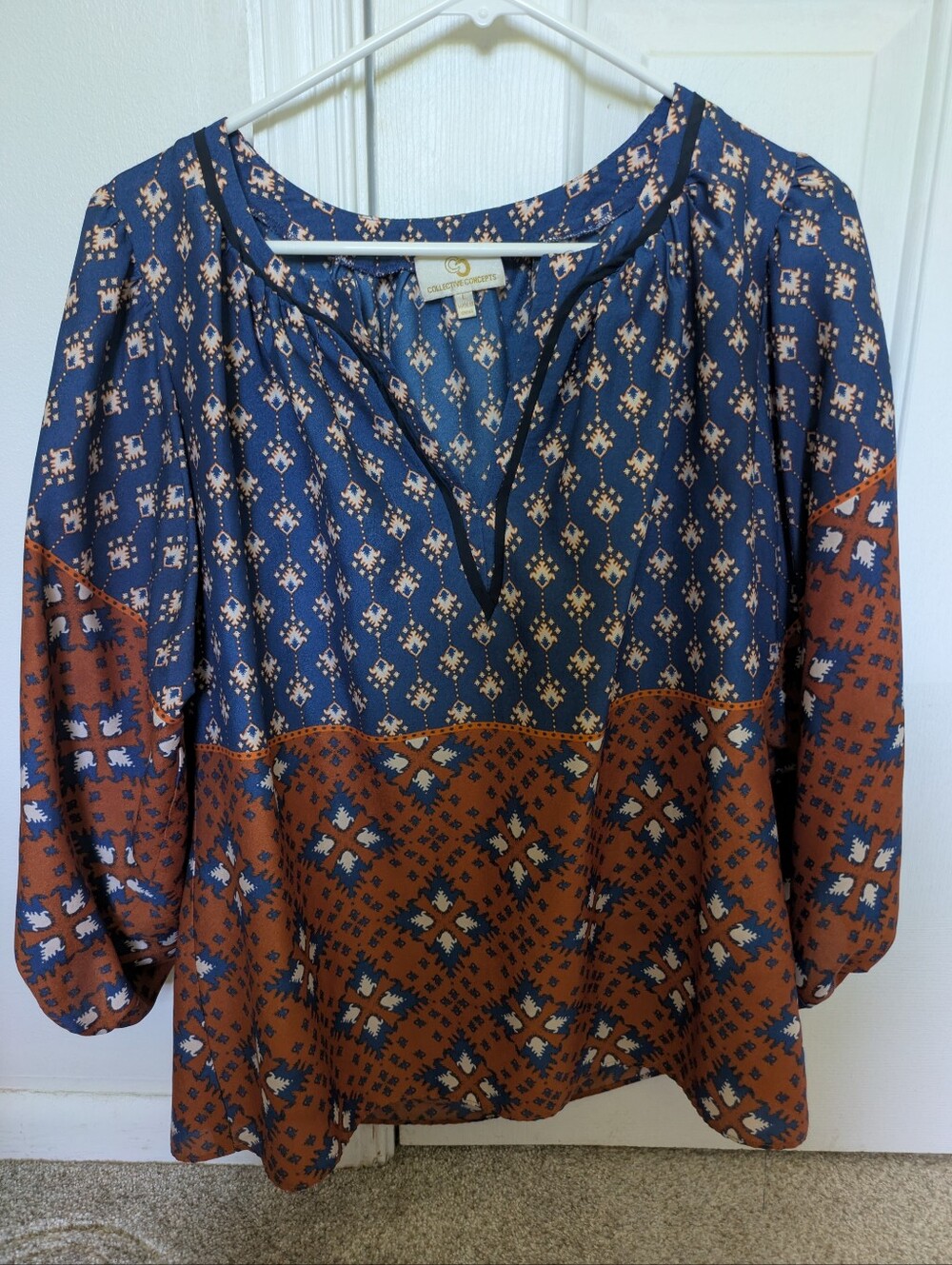 Collective Concepts Phesant Boho Style Blouse Bubble Sleeves Women's Size Large